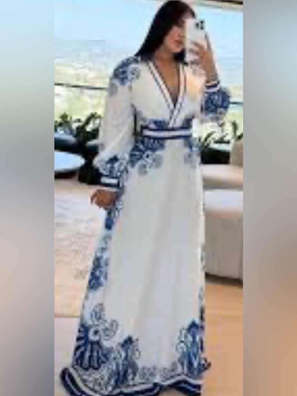 White Maxi Dress with Blue Floral Border and V-Neck